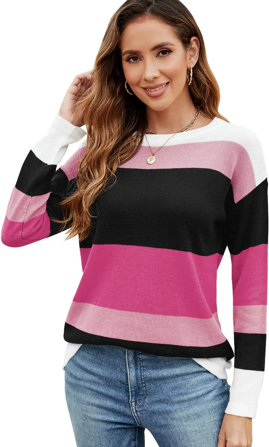 FEKOAFE Women's 2025 Cute Striped Sweaters Crew Neck Long Sleeve Pullover Sweaters for Women