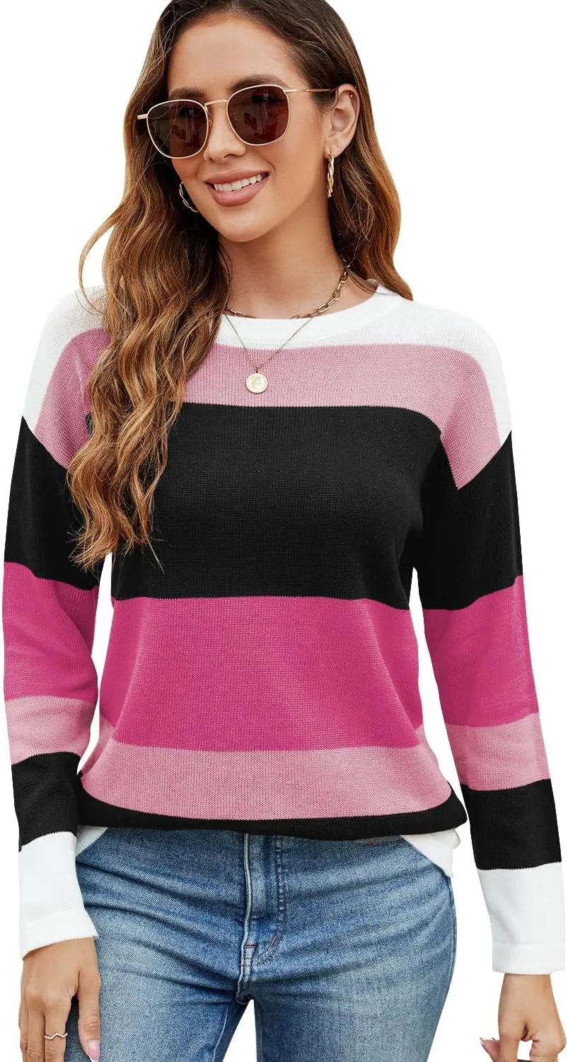 FEKOAFE Women's 2025 Cute Striped Sweaters Crew Neck Long Sleeve Pullover Sweaters for Women