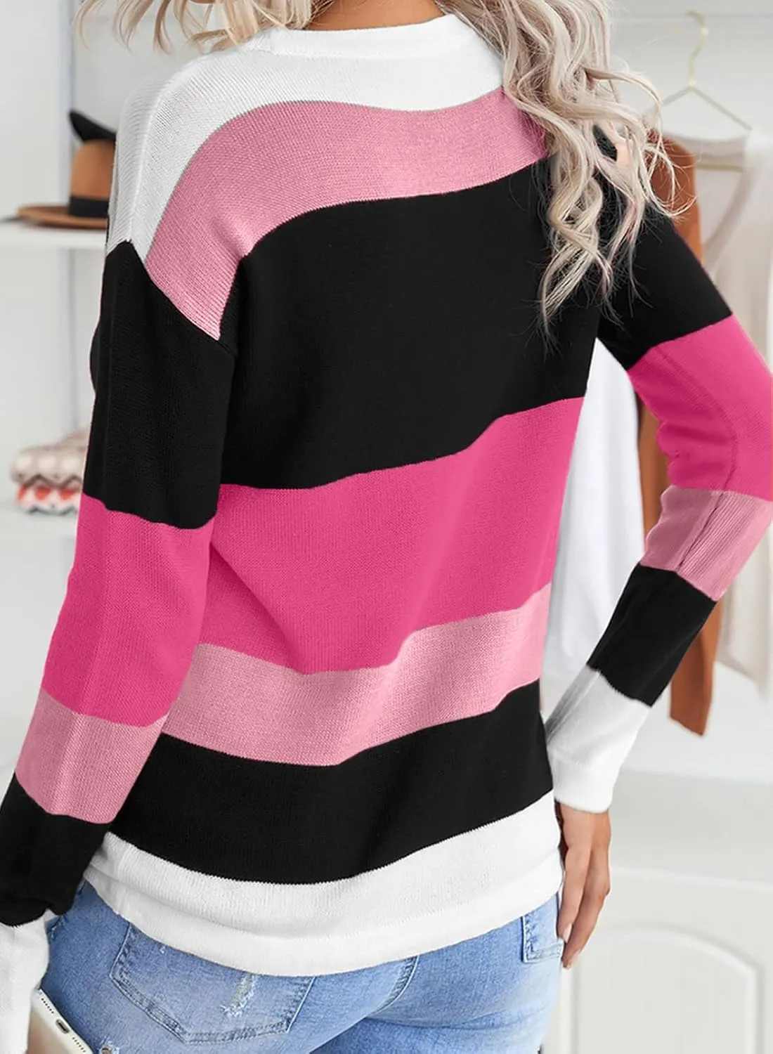 FEKOAFE Women's 2025 Cute Striped Sweaters Crew Neck Long Sleeve Pullover Sweaters for Women