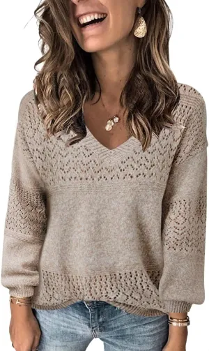 FEKOAFE Womens Sweaters 2025 Fall V Neck Long Sleeve Hollow Knit Pullover Sweaters for Women