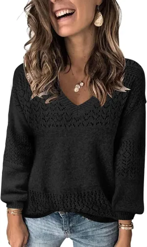 FEKOAFE Womens Sweaters 2025 Fall V Neck Long Sleeve Hollow Knit Pullover Sweaters for Women