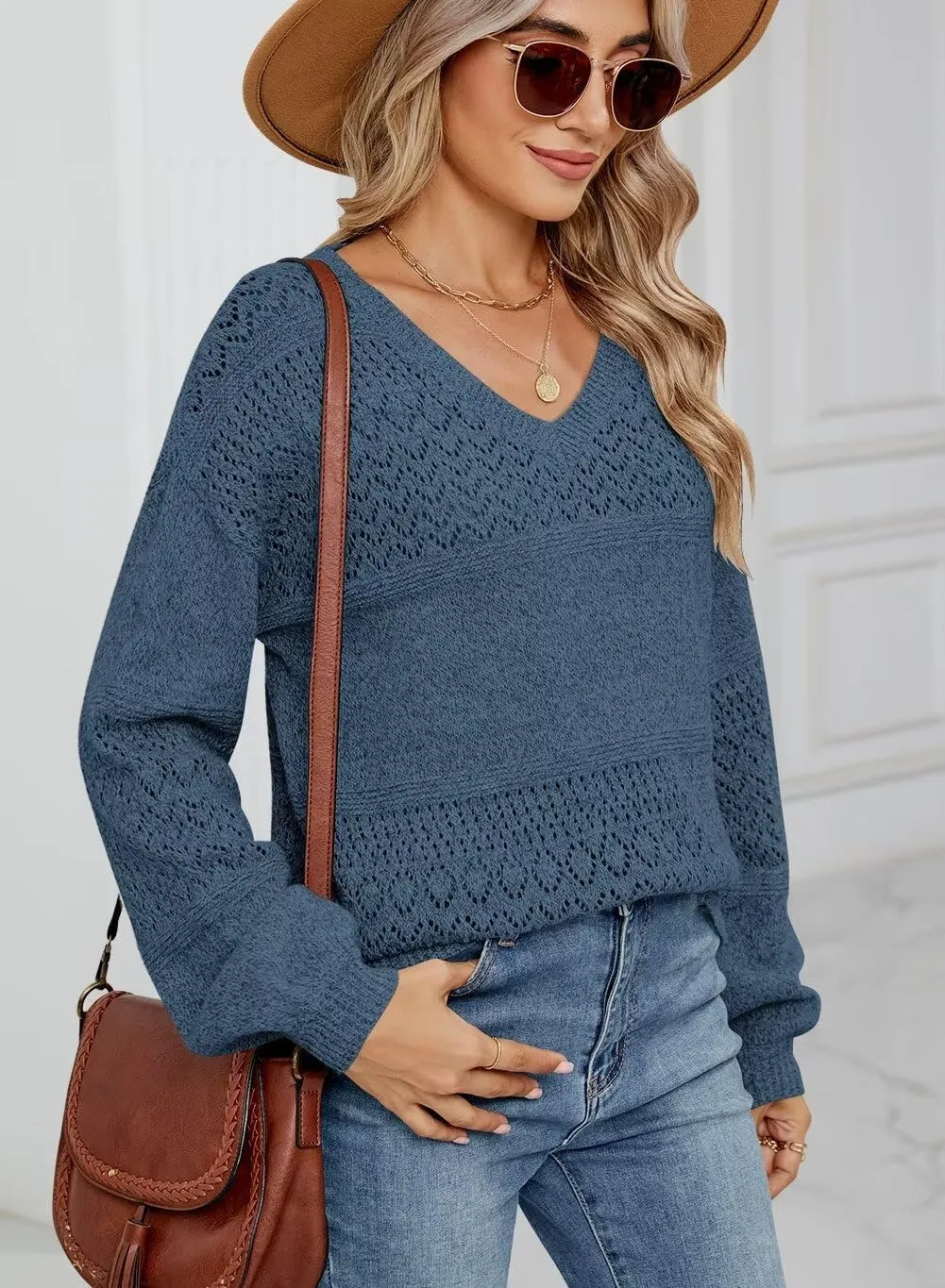 FEKOAFE Womens Sweaters 2025 Fall V Neck Long Sleeve Hollow Knit Pullover Sweaters for Women