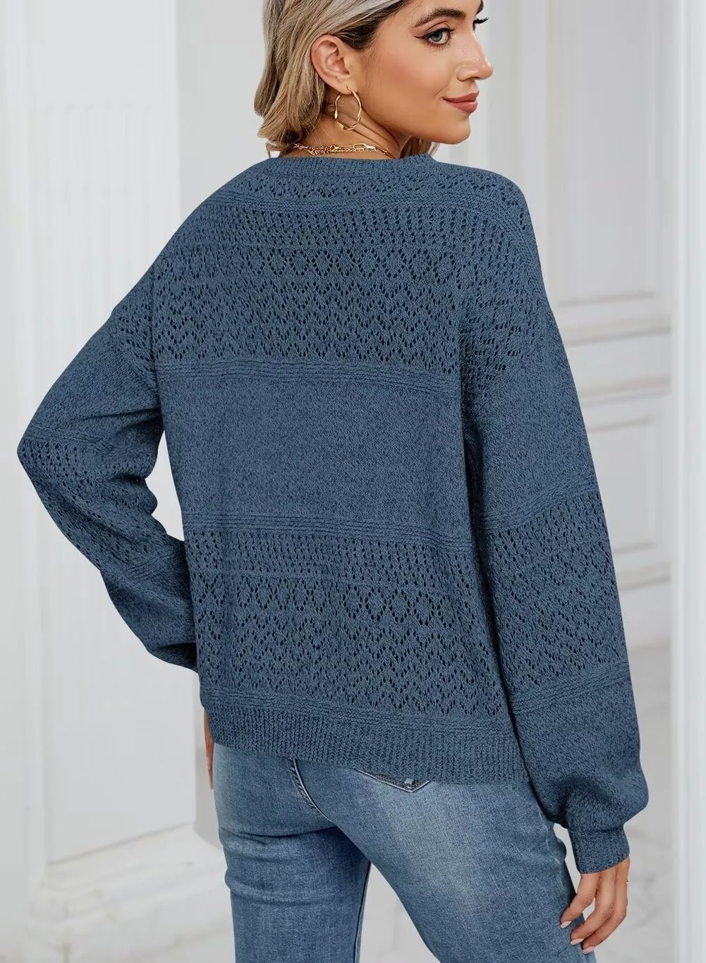 FEKOAFE Womens Sweaters 2025 Fall V Neck Long Sleeve Hollow Knit Pullover Sweaters for Women