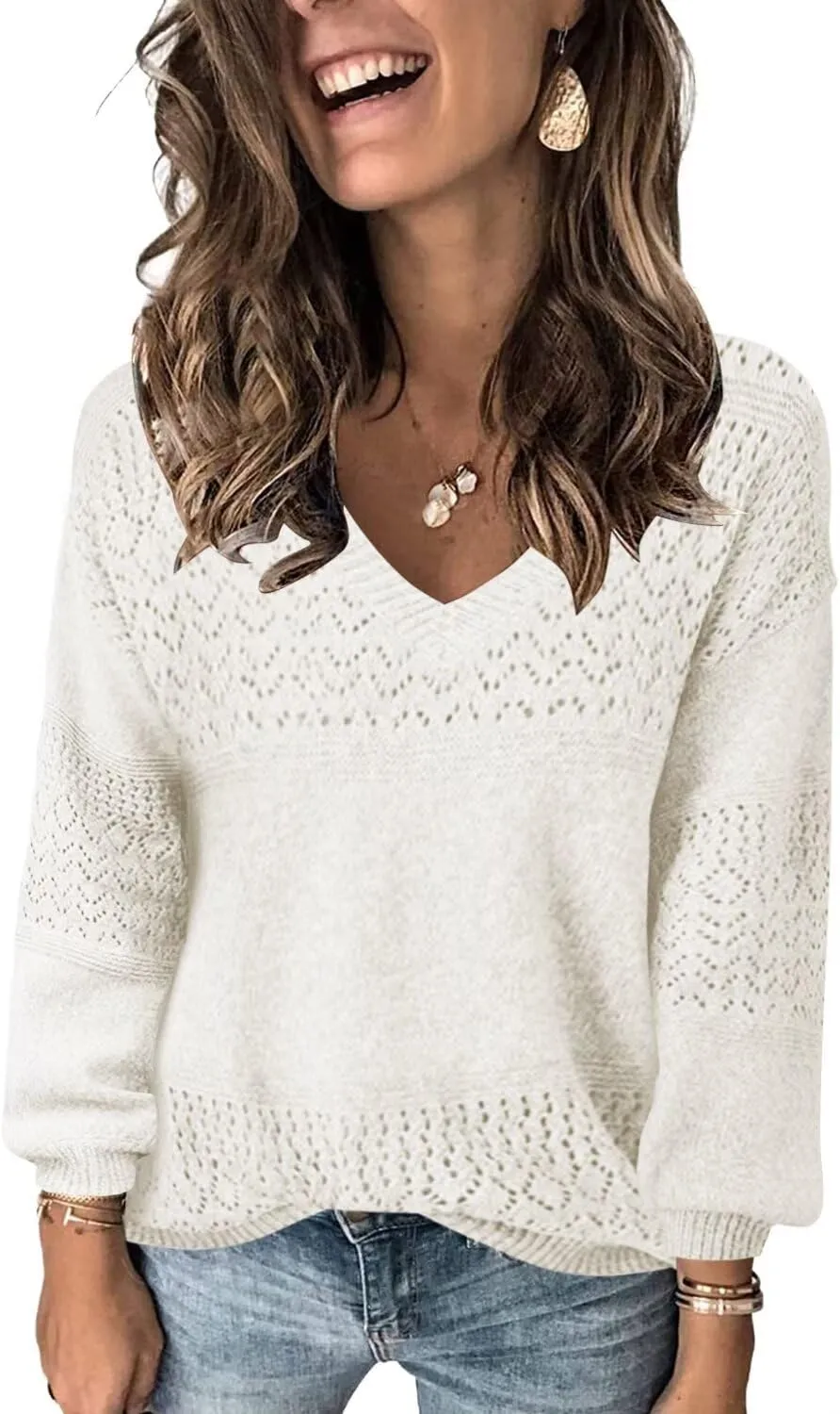 FEKOAFE Womens Sweaters 2025 Fall V Neck Long Sleeve Hollow Knit Pullover Sweaters for Women