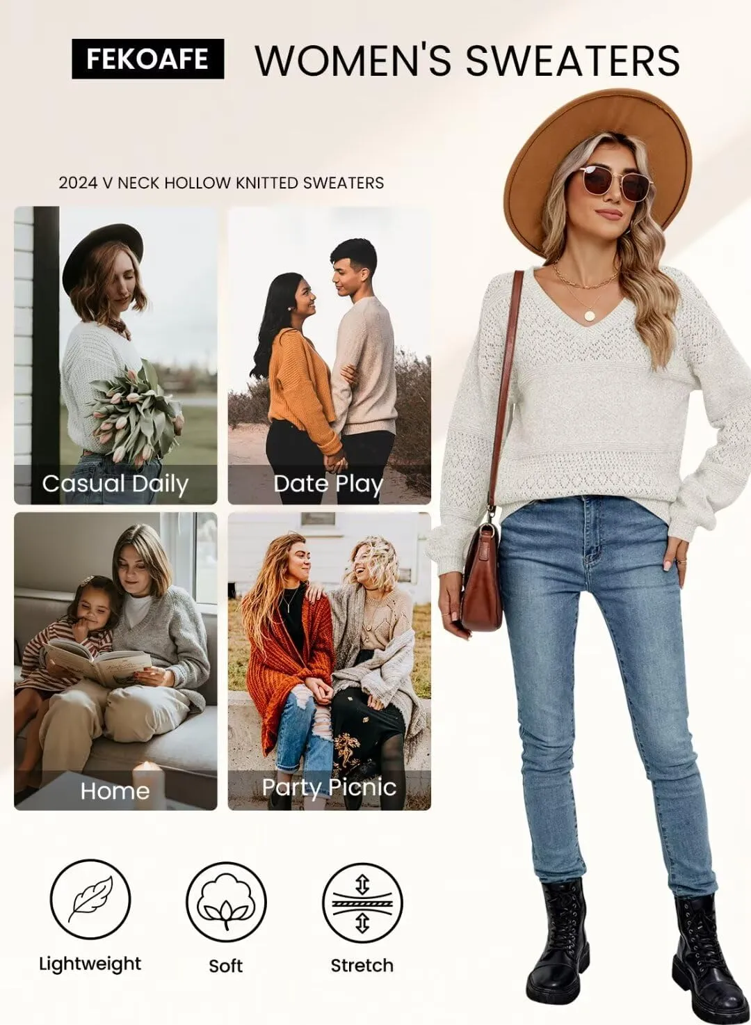 FEKOAFE Womens Sweaters 2025 Fall V Neck Long Sleeve Hollow Knit Pullover Sweaters for Women