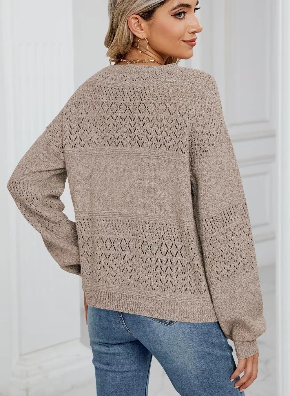 FEKOAFE Womens Sweaters 2025 Fall V Neck Long Sleeve Hollow Knit Pullover Sweaters for Women
