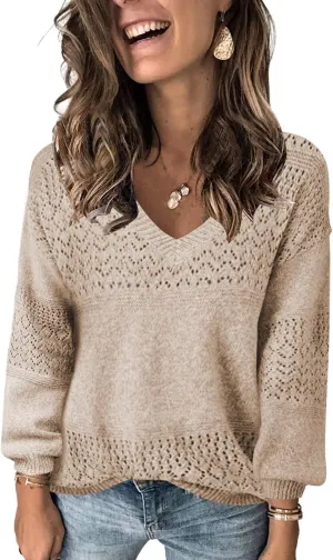 FEKOAFE Womens Sweaters 2025 Fall V Neck Long Sleeve Hollow Knit Pullover Sweaters for Women