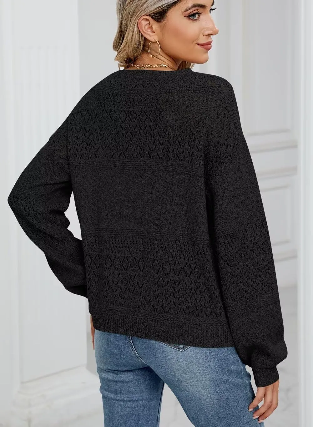 FEKOAFE Womens Sweaters 2025 Fall V Neck Long Sleeve Hollow Knit Pullover Sweaters for Women