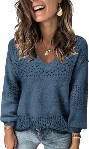 FEKOAFE Womens Sweaters 2025 Fall V Neck Long Sleeve Hollow Knit Pullover Sweaters for Women