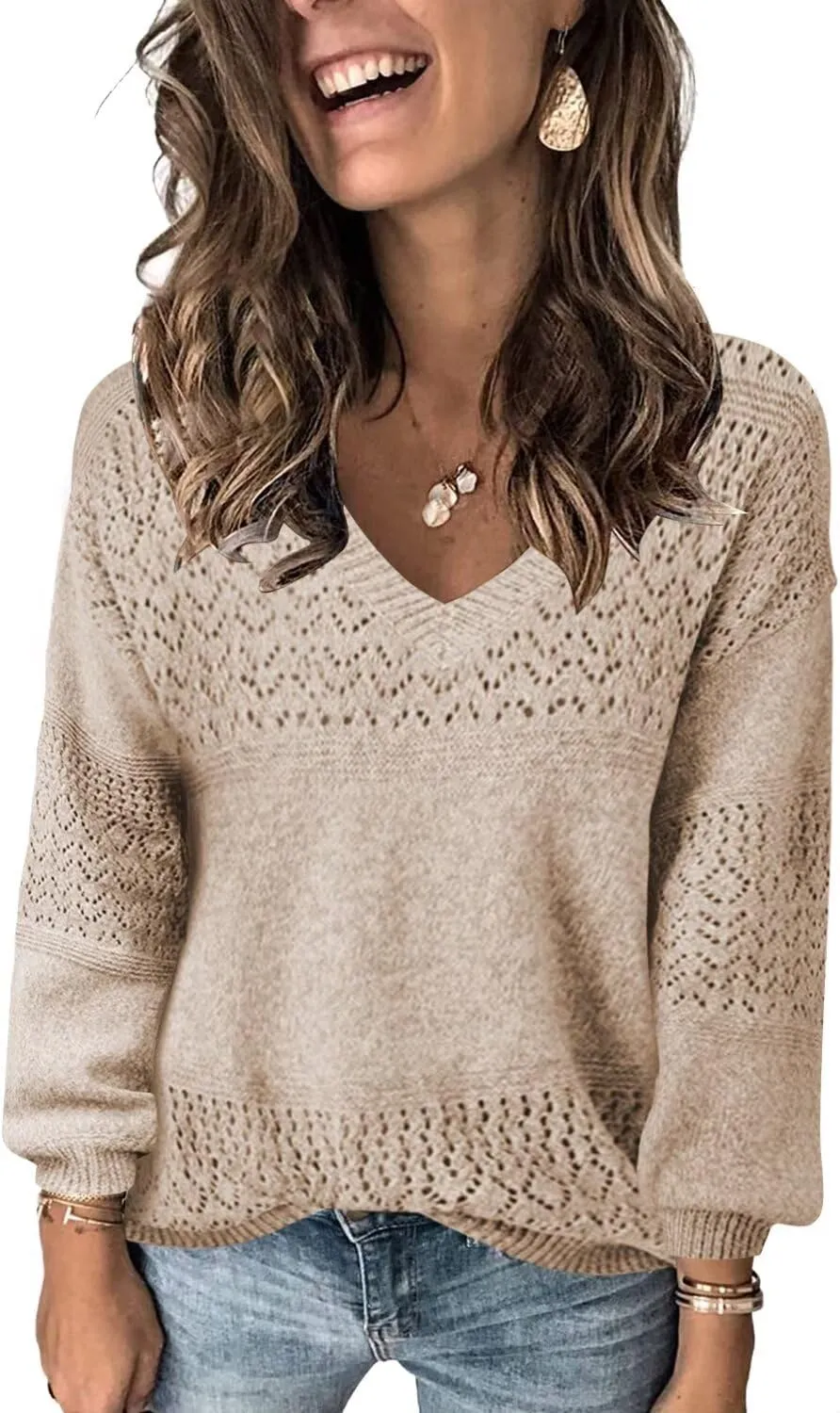 FEKOAFE Womens Sweaters 2025 Fall V Neck Long Sleeve Hollow Knit Pullover Sweaters for Women