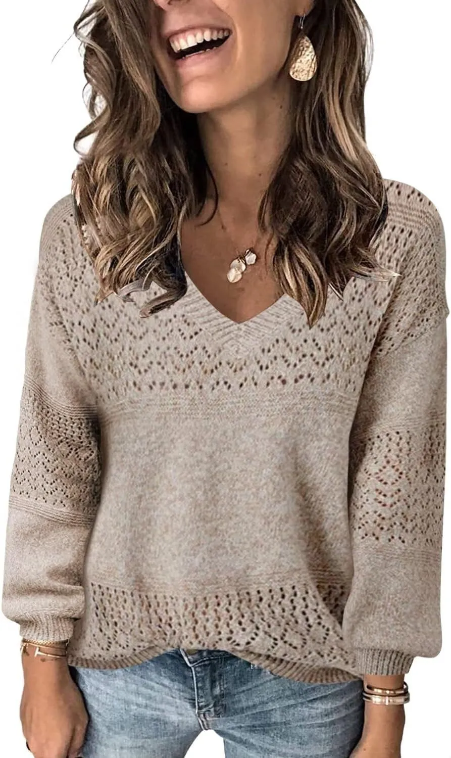 FEKOAFE Womens Sweaters 2025 Fall V Neck Long Sleeve Hollow Knit Pullover Sweaters for Women