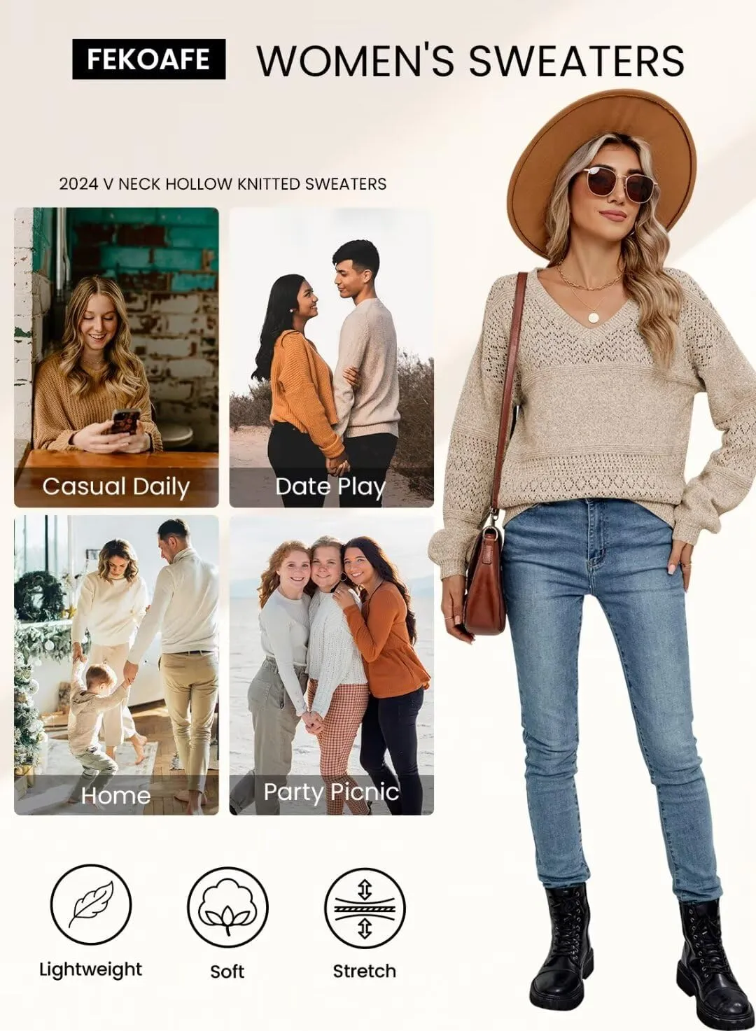 FEKOAFE Womens Sweaters 2025 Fall V Neck Long Sleeve Hollow Knit Pullover Sweaters for Women