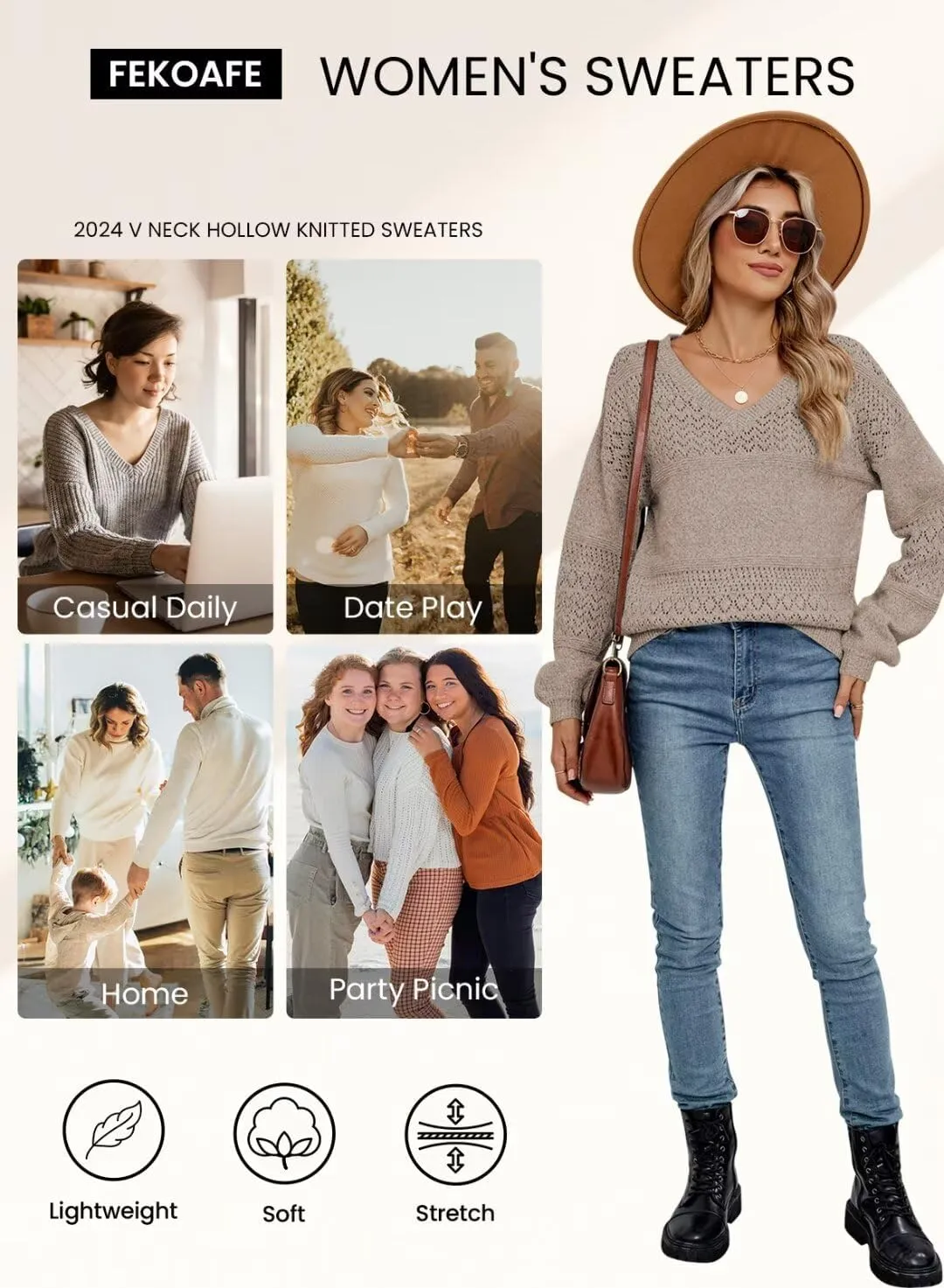 FEKOAFE Womens Sweaters 2025 Fall V Neck Long Sleeve Hollow Knit Pullover Sweaters for Women
