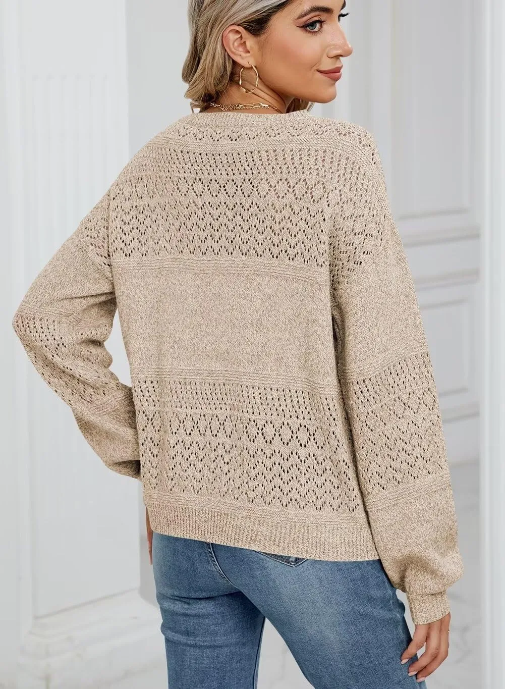 FEKOAFE Womens Sweaters 2025 Fall V Neck Long Sleeve Hollow Knit Pullover Sweaters for Women
