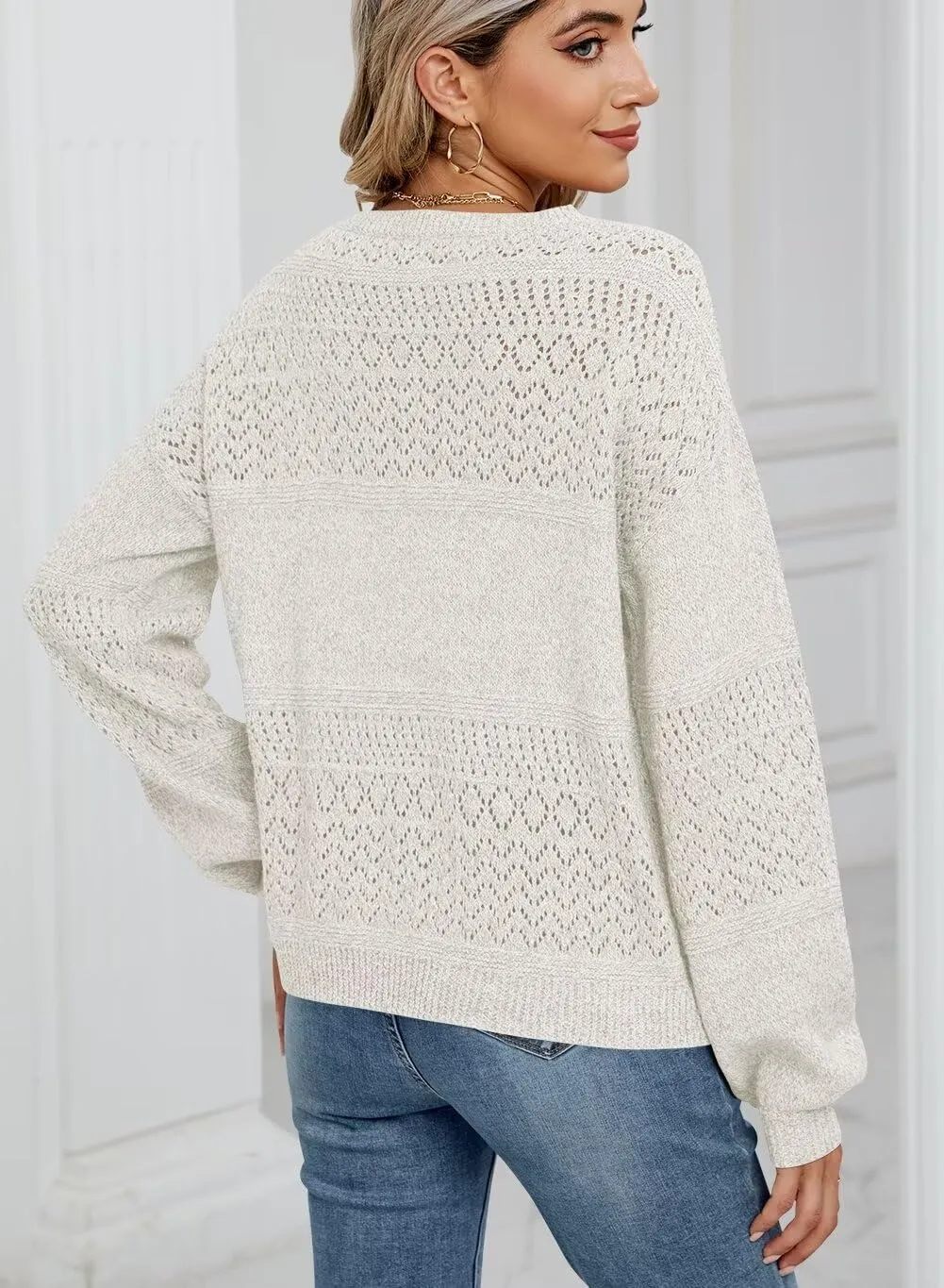 FEKOAFE Womens Sweaters 2025 Fall V Neck Long Sleeve Hollow Knit Pullover Sweaters for Women