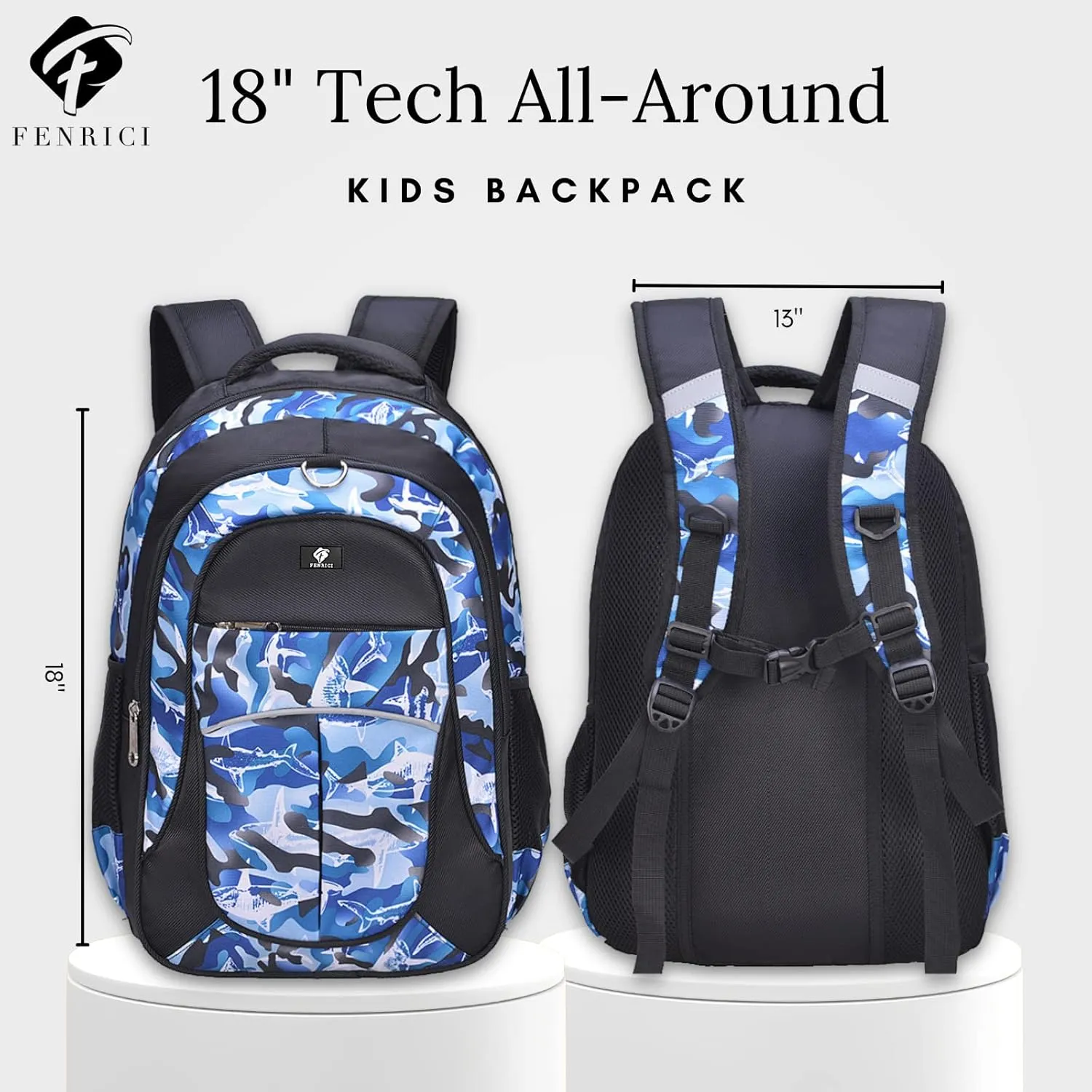 Fenrici Large Kids Backpack for Boys, Girls, 18 Inch Book Bags, 10 Compartments, 360° Laptop Protection