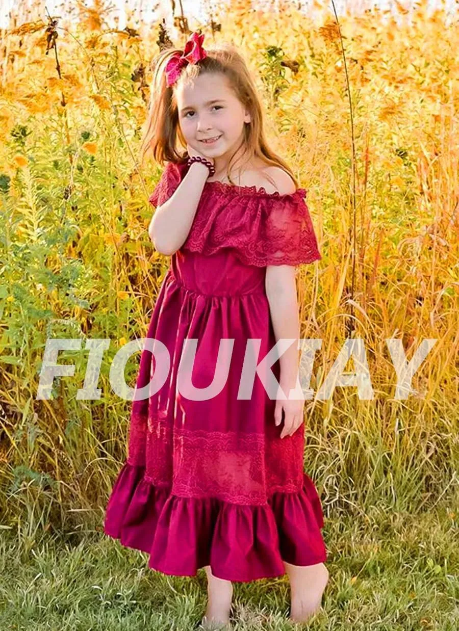 fioukiay Toddler Girl-Wedding-Princess-Maxi-Dress Boho Off Shoulder Lace Ruffle Dress Gowns Holiday Dresses