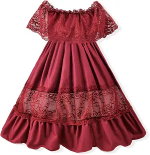 fioukiay Toddler Girl-Wedding-Princess-Maxi-Dress Boho Off Shoulder Lace Ruffle Dress Gowns Holiday Dresses