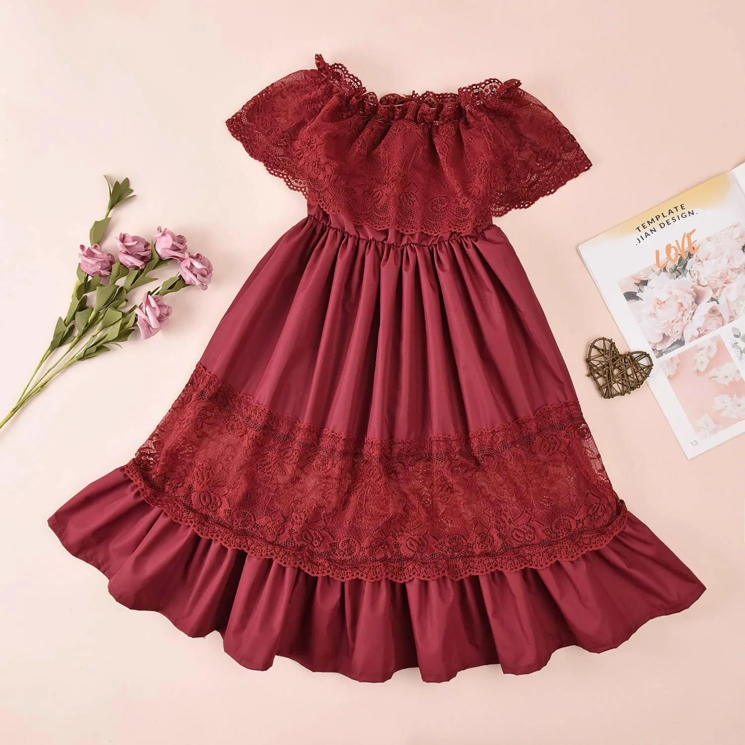 fioukiay Toddler Girl-Wedding-Princess-Maxi-Dress Boho Off Shoulder Lace Ruffle Dress Gowns Holiday Dresses