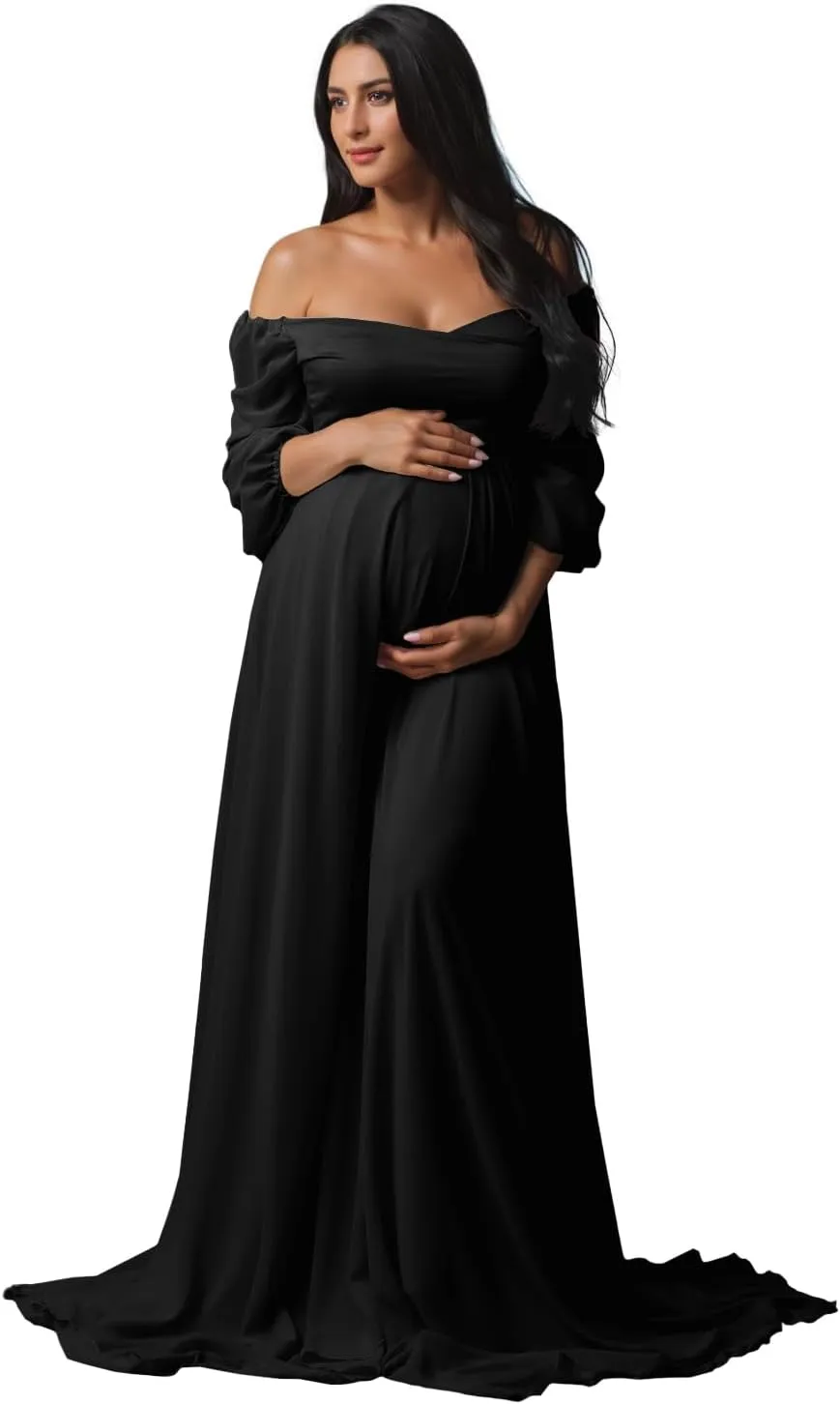 Fivsole Long Sleeve Maternity Dress for Baby Shower Photoshoot Chiffon Pregnancy Maternity Gowns for Photography