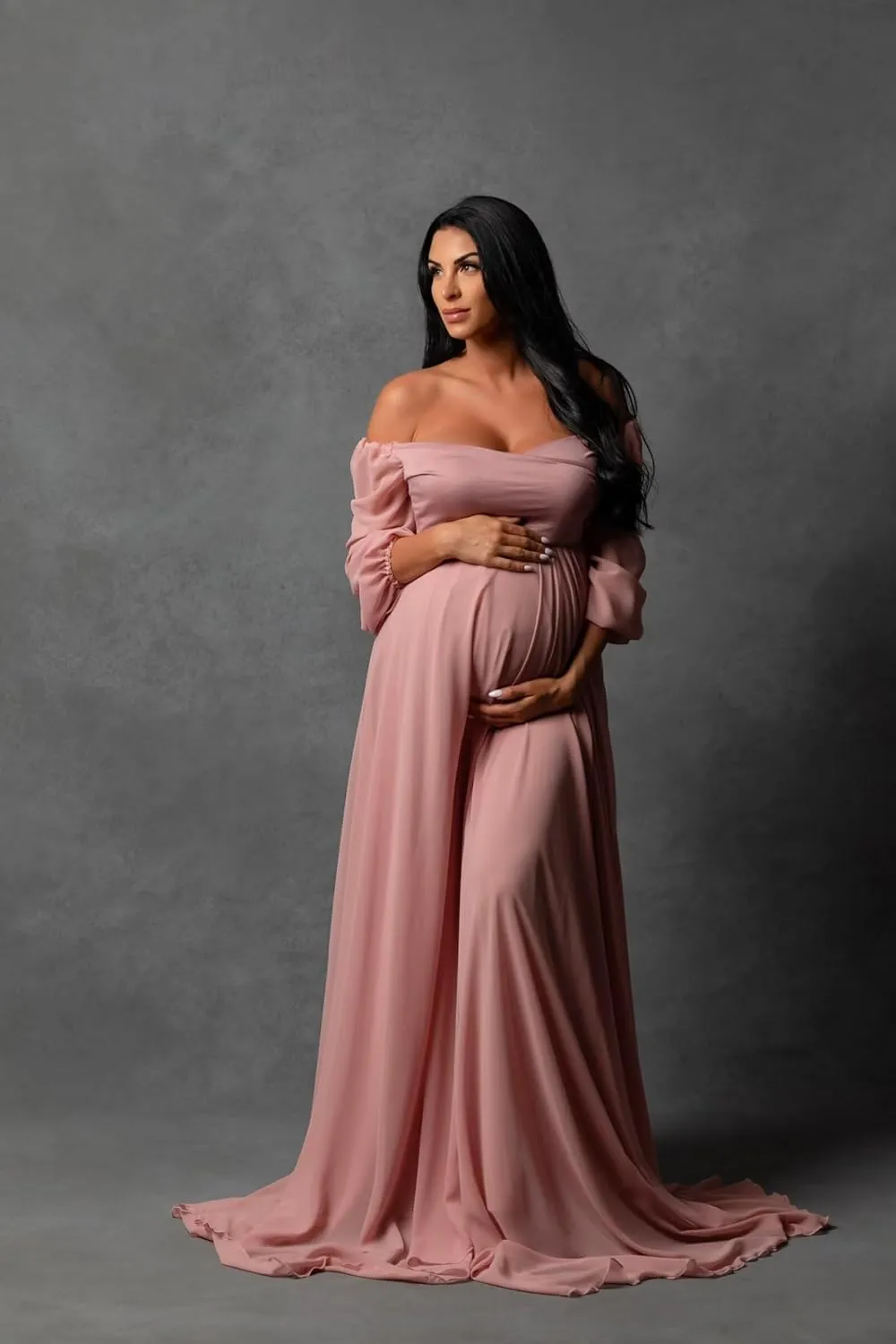 Fivsole Long Sleeve Maternity Dress for Baby Shower Photoshoot Chiffon Pregnancy Maternity Gowns for Photography