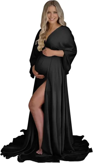 Fivsole Long Sleeve Maternity Dress for Photoshoot Pregnancy Gowns Plus Size Satin Baby Shower Dress