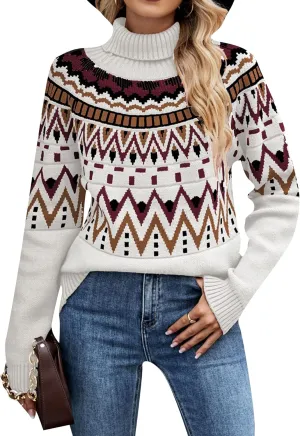 FLITAY Women's Winter Sweater Pattern Turtleneck Long Sleeve Pullovers