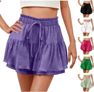 Flowy Shorts for Women Casual Boho Ruffle Tiered Skorts High Waisted Ruffle Tennis Skirts Drawstring Summer Skirt