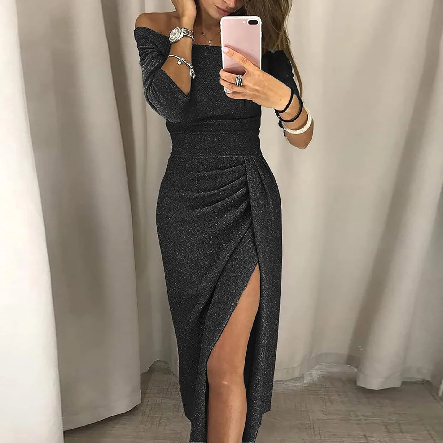 Formal Dresses for Women,2024 Summer Elegant Bodycon Party Dress,Trendy Off Shoulder Ruched High Slit Cocktail Dress