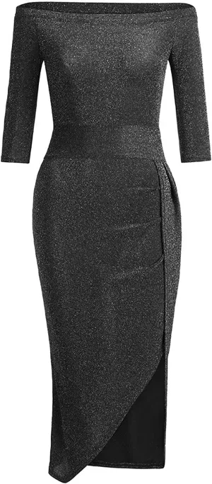 Formal Dresses for Women,2024 Summer Elegant Bodycon Party Dress,Trendy Off Shoulder Ruched High Slit Cocktail Dress