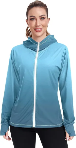 GAIGEO Modern Sky Ocean Blue Zip up Jacket, UPF 50  Sun Protection Clothes, Breathable Cool Lightweight Hiking Shirt Women, S