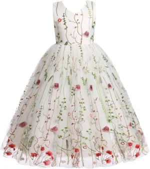 Girls Mesh Flower Embroidered Dress Illusion Tulle Mesh Embroidery Dress for Girls Flower Girls Dresses for Wedding Birthday