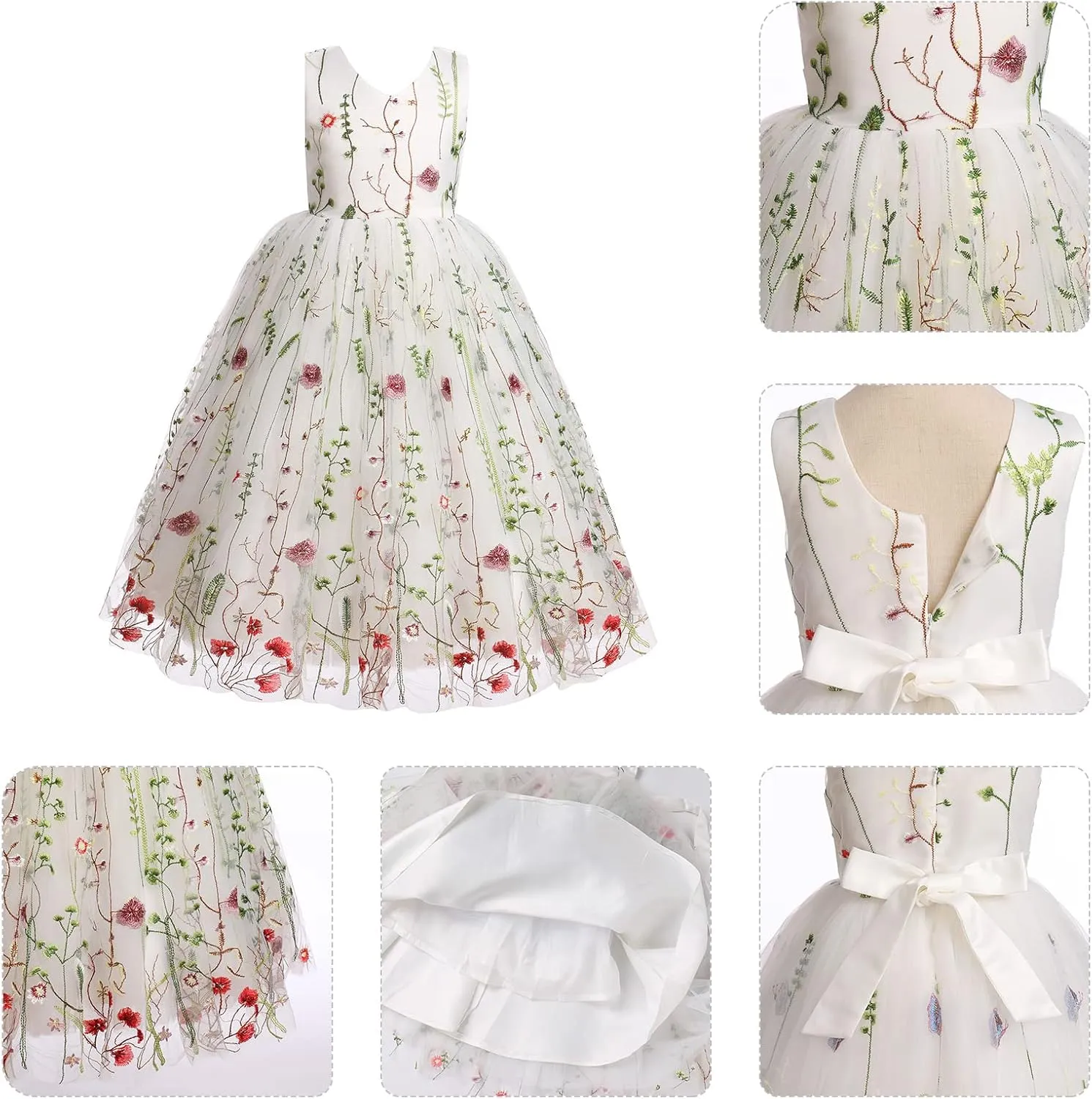 Girls Mesh Flower Embroidered Dress Illusion Tulle Mesh Embroidery Dress for Girls Flower Girls Dresses for Wedding Birthday