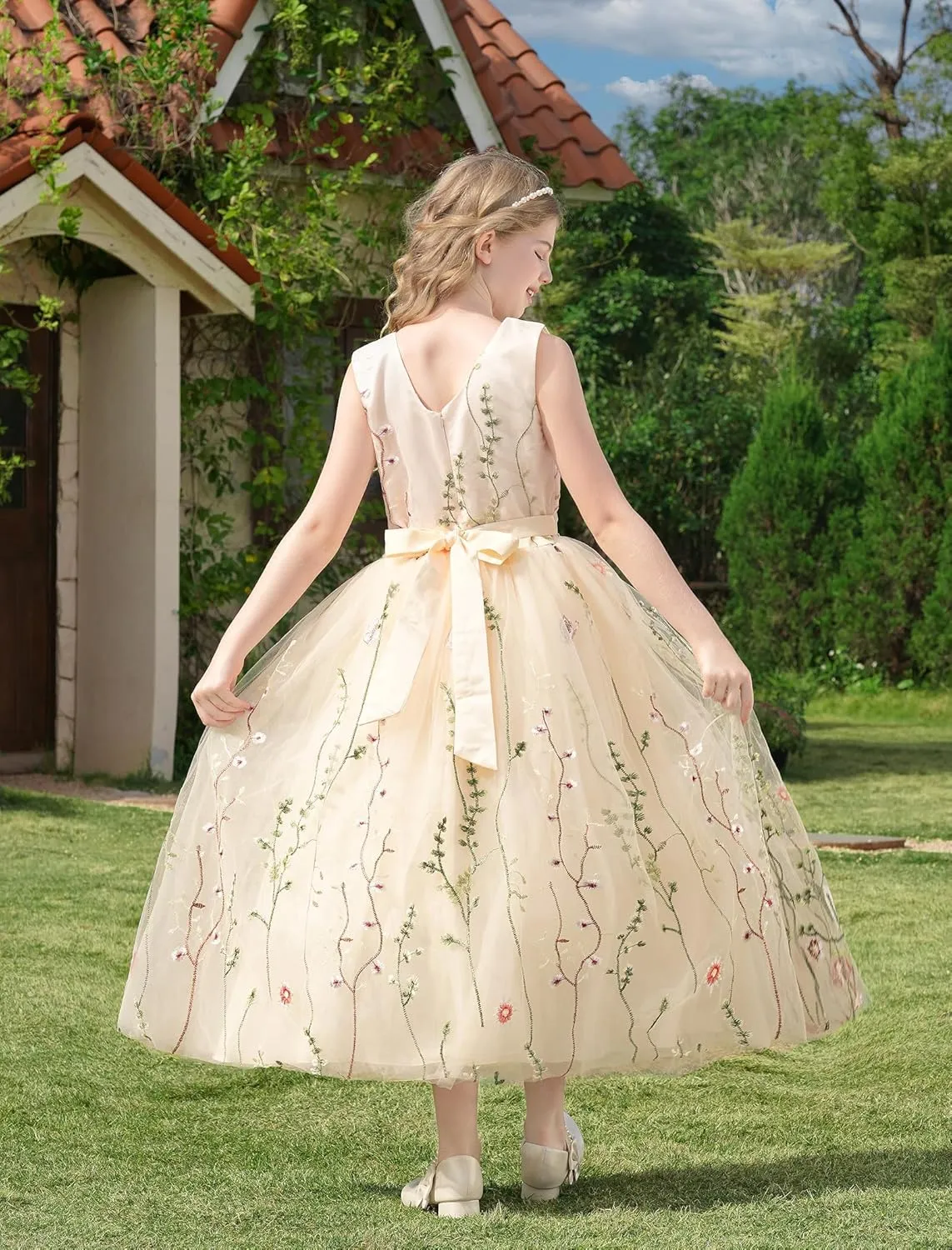 Girls Mesh Flower Embroidered Dress Illusion Tulle Mesh Embroidery Dress for Girls Flower Girls Dresses for Wedding Birthday