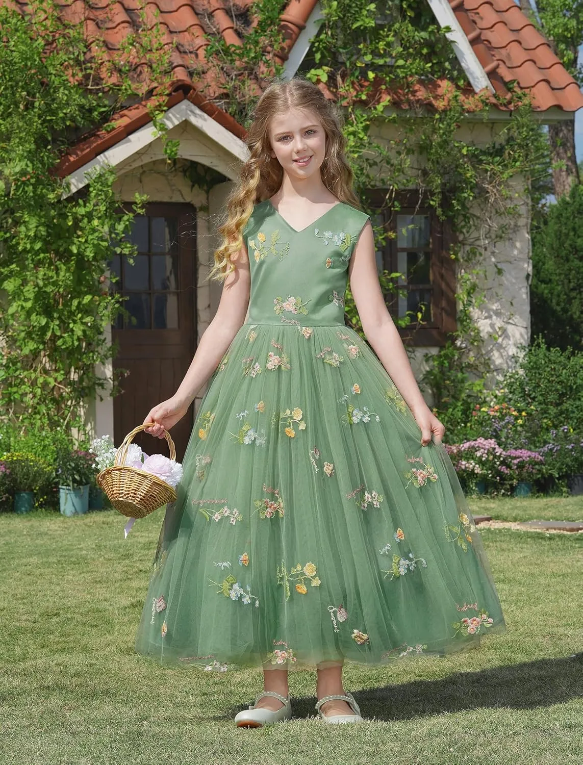 Girls Mesh Flower Embroidered Dress Illusion Tulle Mesh Embroidery Dress for Girls Flower Girls Dresses for Wedding Birthday