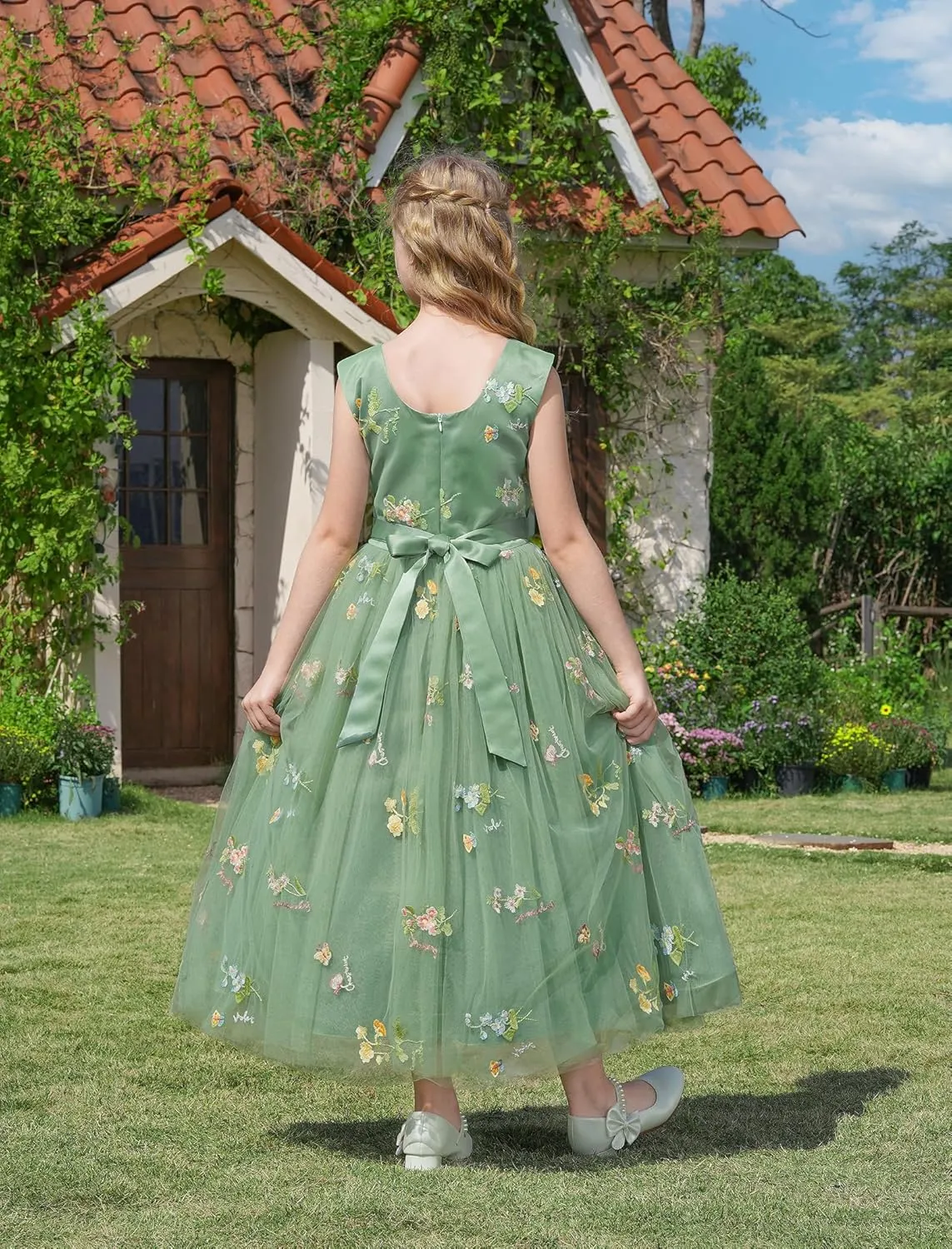 Girls Mesh Flower Embroidered Dress Illusion Tulle Mesh Embroidery Dress for Girls Flower Girls Dresses for Wedding Birthday