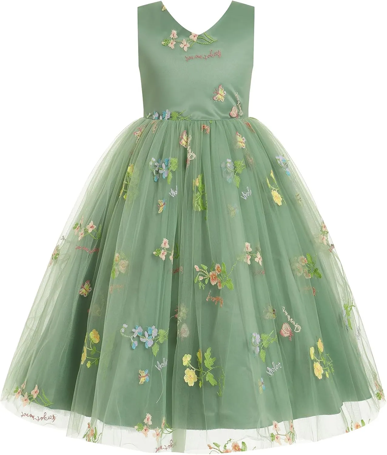 Girls Mesh Flower Embroidered Dress Illusion Tulle Mesh Embroidery Dress for Girls Flower Girls Dresses for Wedding Birthday