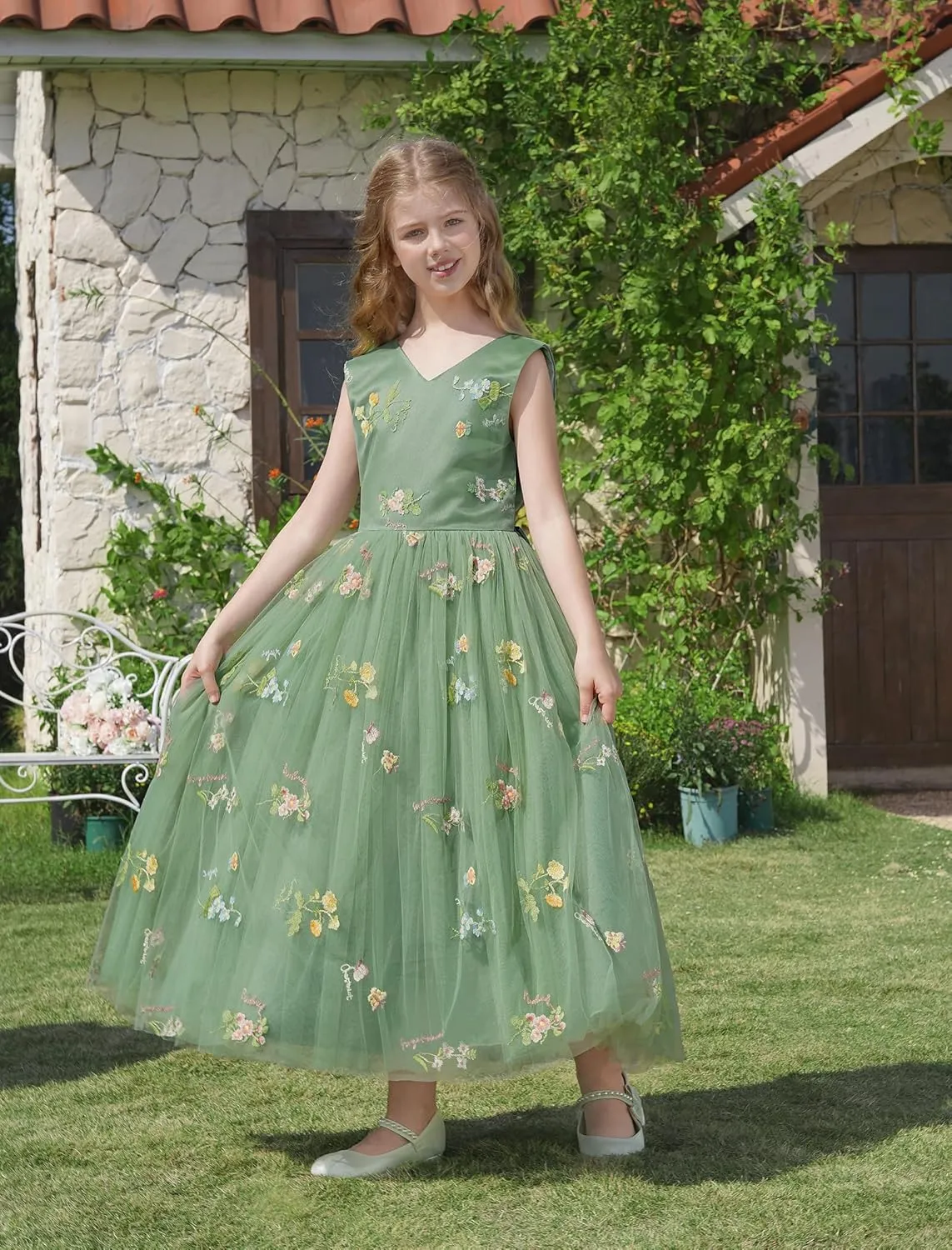 Girls Mesh Flower Embroidered Dress Illusion Tulle Mesh Embroidery Dress for Girls Flower Girls Dresses for Wedding Birthday