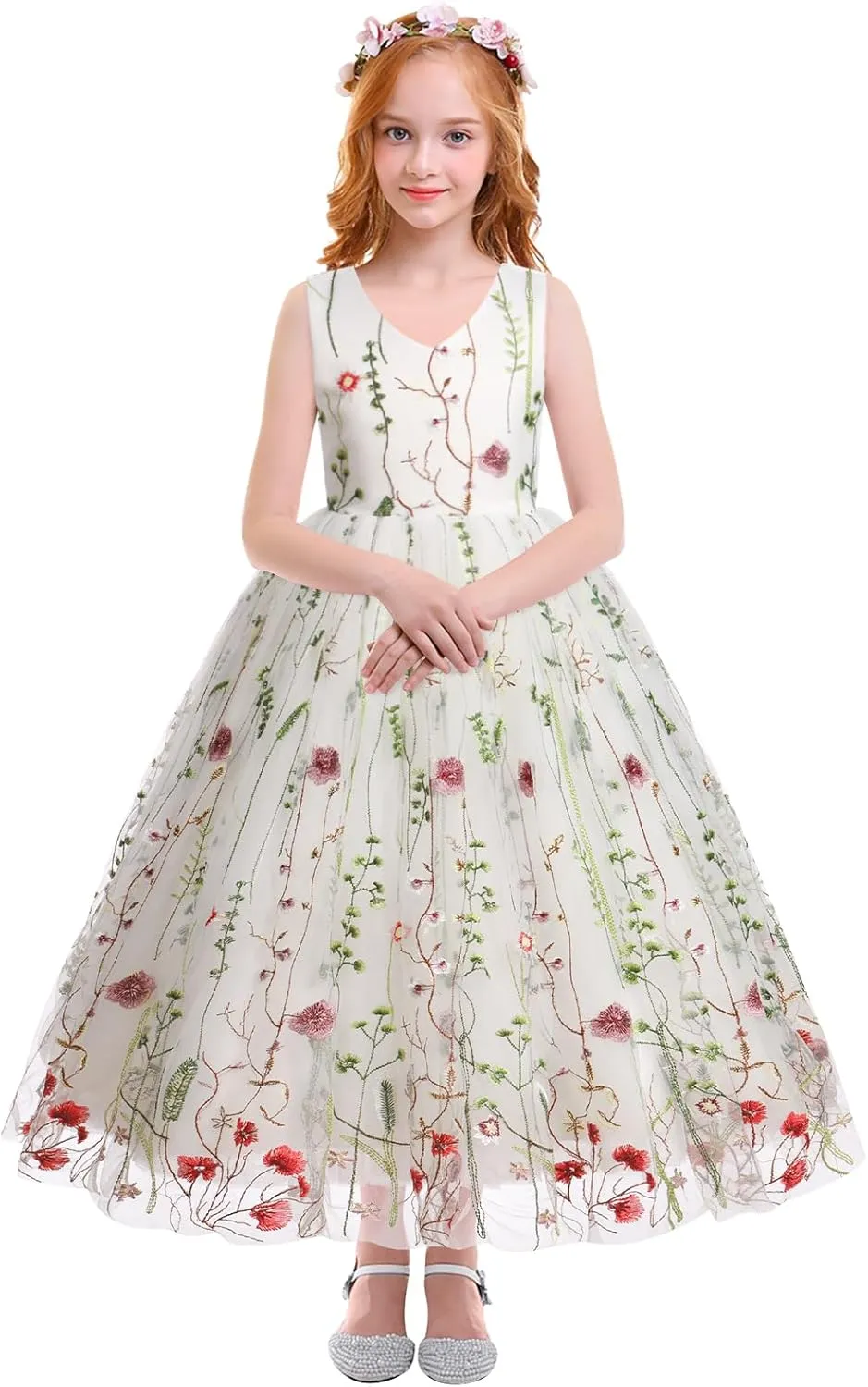 Girls Mesh Flower Embroidered Dress Illusion Tulle Mesh Embroidery Dress for Girls Flower Girls Dresses for Wedding Birthday