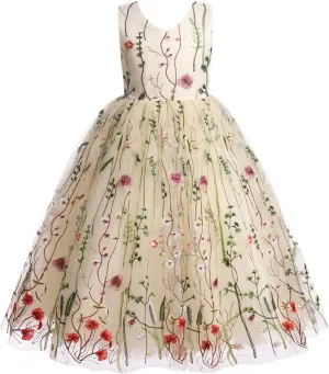 Girls Mesh Flower Embroidered Dress Illusion Tulle Mesh Embroidery Dress for Girls Flower Girls Dresses for Wedding Birthday