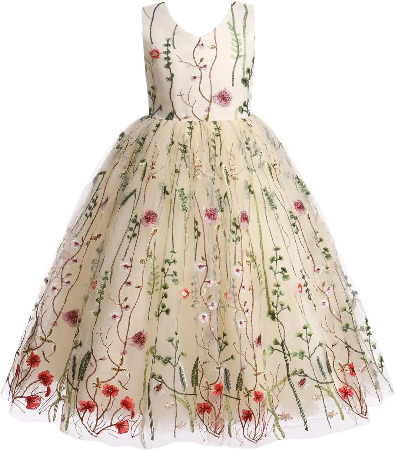 Girls Mesh Flower Embroidered Dress Illusion Tulle Mesh Embroidery Dress for Girls Flower Girls Dresses for Wedding Birthday