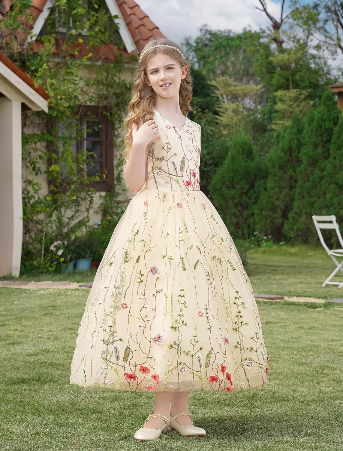 Girls Mesh Flower Embroidered Dress Illusion Tulle Mesh Embroidery Dress for Girls Flower Girls Dresses for Wedding Birthday