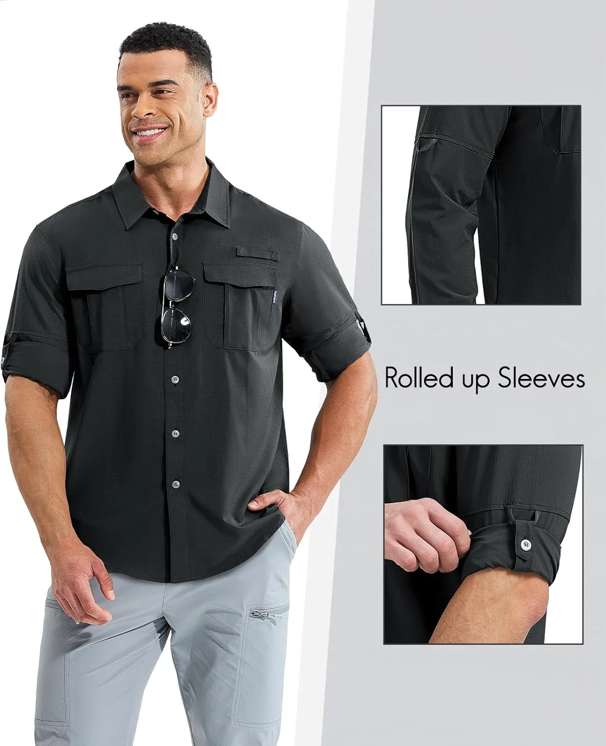 Haimont Men's UPF50  Sun Protection Fishing Shirts Hiking Travel Shirts Button Down Long Sleeve Shirts with Pockets