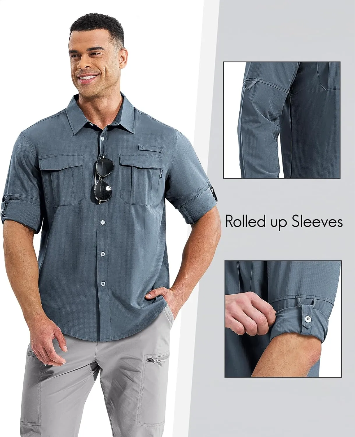 Haimont Men's UPF50  Sun Protection Fishing Shirts Hiking Travel Shirts Button Down Long Sleeve Shirts with Pockets