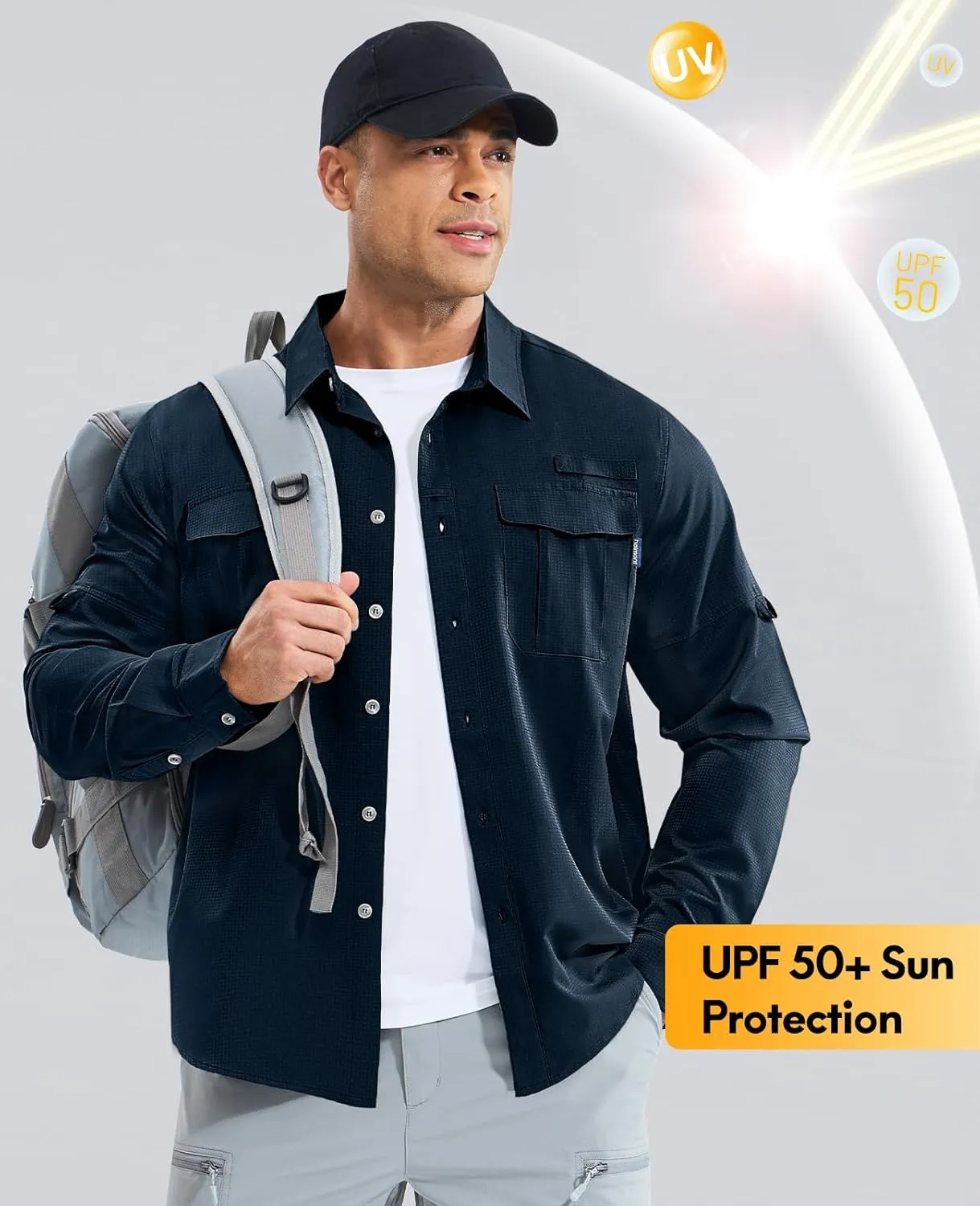 Haimont Men's UPF50  Sun Protection Fishing Shirts Hiking Travel Shirts Button Down Long Sleeve Shirts with Pockets