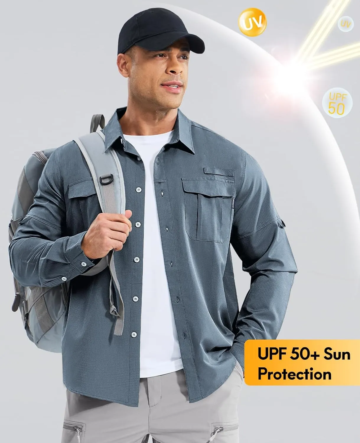 Haimont Men's UPF50  Sun Protection Fishing Shirts Hiking Travel Shirts Button Down Long Sleeve Shirts with Pockets