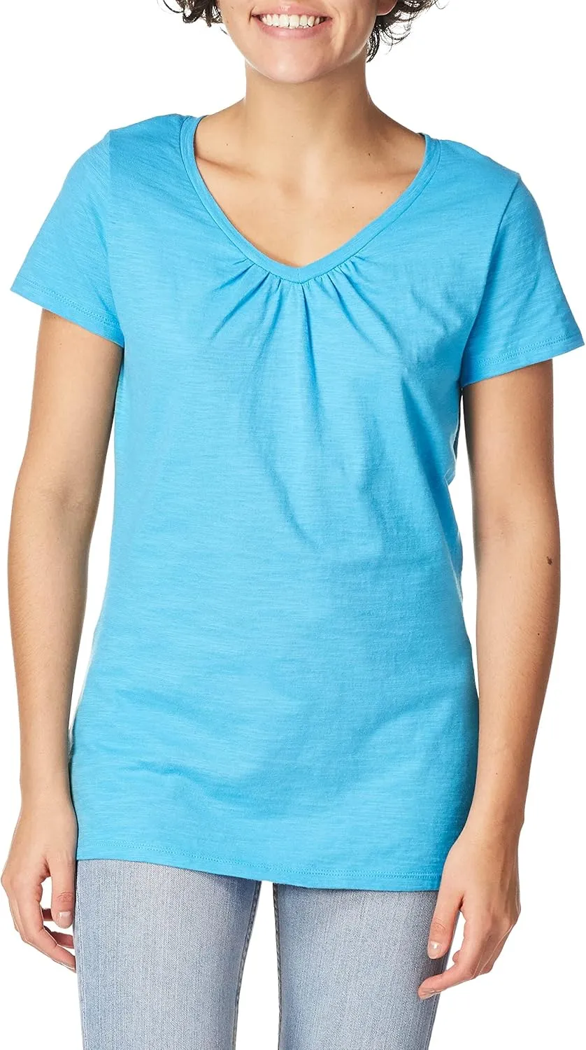 Hanes Women's Shirts, Slub Cotton Shirred V-Neck Tee, Cotton T-Shirts for Women, Women’s Tee Shirts