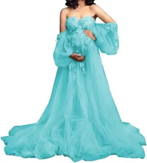 HEWEIGUI Off Shoulder Maternity Dress Tulle Baby Shower Dress for Photoshoot Appliques Maternity Gowns Pregnancy Gown
