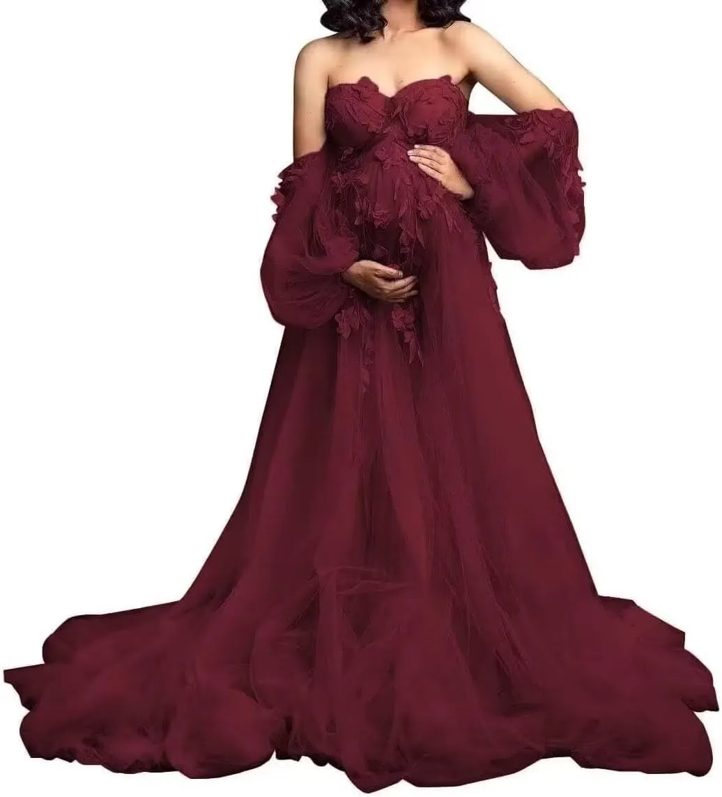 HEWEIGUI Off Shoulder Maternity Dress Tulle Baby Shower Dress for Photoshoot Appliques Maternity Gowns Pregnancy Gown