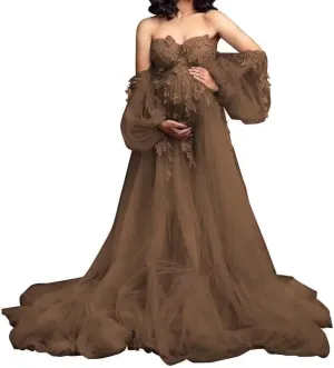 HEWEIGUI Off Shoulder Maternity Dress Tulle Baby Shower Dress for Photoshoot Appliques Maternity Gowns Pregnancy Gown